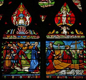 Window depicting a scene from the life of St Mary Magdalene - she embarks on a boat by French School
