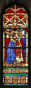 Window depicting a scene from the Life of St Augustine: he is named professor at Milan and visits Ambroise