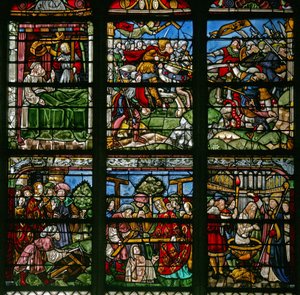Window depicting St Helen and the finding of the Cross with the Emperor Constantine; above is the battle scene where the Cross appeared and Constantine triumphs