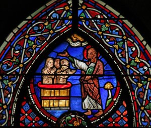 Window depicting St Andrew baptizing Consul Egeus and his wife by French School