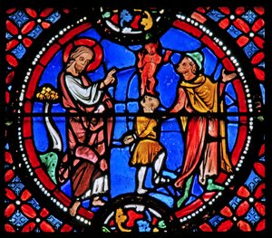 Window depicting St Andrew exorcising a demon by French School