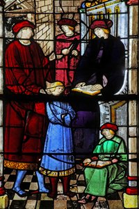 Window depicting the life of St Augustine: he is taken to school by his father by French School