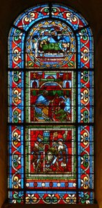 Window wXVIII depicting 3 panels attributed to the Ascension Master: a sleeping king; Pilate washing his hands; St Peter is led out of prison by an angel by French School