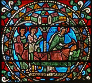 Window wXXI depicting the Virgin Mary at the death of the murderer of St Gervais and St Protais by French School