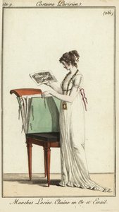 Woman looking at a portfolio of engravings by French School
