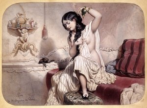 Woman perfuming after bath - lithography, c.1860