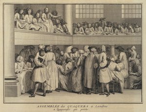 Woman preaching at a meeting of Quakers in London by French School