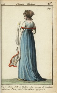 Woman with seethrough shawl in the fashion of 1798 by French School