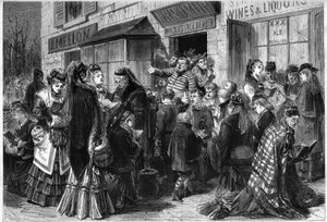 Women and children singing hymns at the door of liquor stores in Chicago, United States by French School