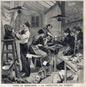 Workshop to manufacture masks for the disguises of the Mardi Gras festival. In Le Petit Parisien on 14/02/1897 by French School