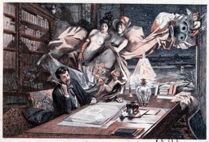 Writer at his work table inspired by naked women and angelots - in "Menus-propos d