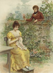Young woman, approached by suitor with flower over wall by French School