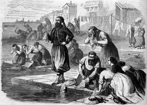 Zouaves of the French army doing their laundry. Italy, Risorgimento of 1859. Engraving in 