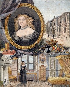 Portrait of Marie de Rabutin-Chantal, Marquise of Sevigne known as Madame de Sevigne (1626-1696) and her residence Hotel Carnavalet by French School