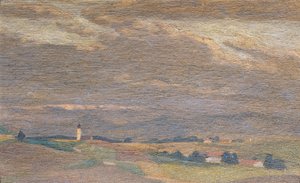Evening Landscape with Church Tower by Friedrich Hasslwander