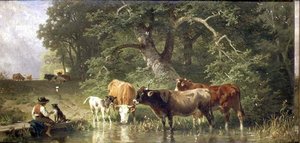 Cattle Watering at a Woodland Pond by Friedrich Johann Voltz