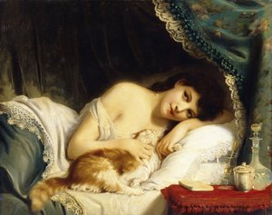 A Reclining Beauty with Her Cat