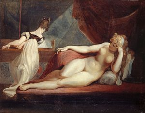 Resting female nude and a piano player