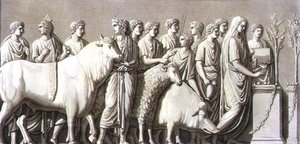 Bas relief of a bull, a ram and a boar led to a votive altar, from 