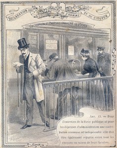1789: Declaration of the Rights of Man and of the Citizen: Obligation and Proportionality of the Tax. Engraving in 