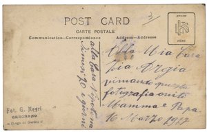 Back of Postcard with an Infantry Soldier, Gunner, in Uniform with His Wife and Son During the First World War