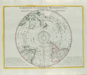Southern Hemisphere of the Earth cut at the equator, engraving by G. Zuliani taken from Tome I of the Newest Atlas published in Venice in 1779 by Antonio Zatta by G. Zuliani