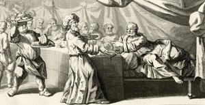 Jesus invited to dinner with the Pharisee (illustration from the Gospel of Saint Luke, chapter 11:37, 1728) by Gabriel Francois Louis Debrie