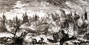 Naval battle - engraving by Gabriel Perelle