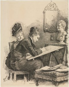 Two Women Sketching a Sculpture, 1878 by Gabriel von Hackl