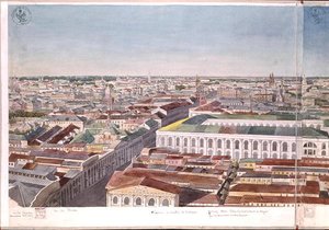Panorama of Moscow, depicting the former market square and Stock Exchange in Gostiny Dvor, 1819