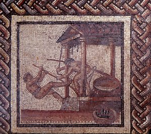 Mosaic paving representing a rustic calendar and an oil press by Gallo Roman