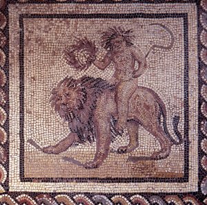 Gallo Roman Art: mosaic paving representing a rustic calendar. Summer allegory about a lion. End 2nd, beginning of 3rd century after JC. From Saint-Romain-en-Gal (Rhone) by Gallo Roman