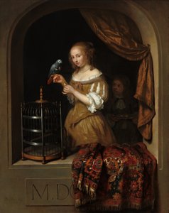 A Woman Feeding a Parrot, with a Page by Gaspar Netscher