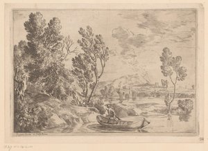 River Landscape with Man in Boat by Gaspard Dughet