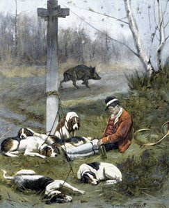 The hunter and his sleepy dogs - engraving by Gaston Gelebert by Gaston Gelibert