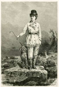 Portrait of Madame Marie De Ujfalvy-Bourdon, in travel dress, with her dog, married to ethnologist linguist and explorer Charles Eugene Ujfalvy. Engraving by G.Vuillier. by Gaston Vuillier