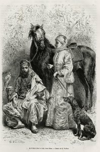 Portraits of Mr.Wilfrid Blunt (1840-1922), poet and writer, and his wife, Lady Anna Blunt (nee King Noel (King Noel) 1837-1917), the first European woman to explore the Middle East, wearing a travel suit, in front of one of the Arab horses in their stables by Gaston Vuillier