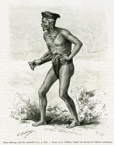 Sibou Mobang, head of cannibals. Engraving by G.Vuillier, to illustrate the story De Koutei a Bandjirmasin, voyage through Borneo, by Carl Bock, in le tour du monde 1890, directed by Edouard Charton, Hachette, Paris