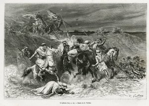 The Ghazou, or razzia, looting with a hand. Engraving by G.Vuillier, to illustrate the story Pelerinage au Nedjed, cradle of the Arab race, by Lady Anna Blunt, in 1878-1879, published in the Tour du monde, under the direction of Edouard Charton (1807-1890)