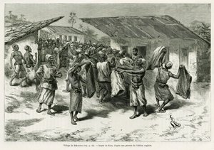 The village of Bakourou, the indigenous people are offered presents for peace negotiations. Engraving by G.Vuillier, to illustrate the story Dans les tenebres de l