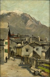 Houses along a Road near a Mountain (Innsbruck?) by Geo Poggenbeek