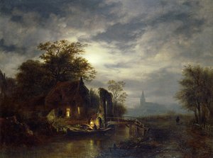 Moonlit River Scene with Figures Unloading a Boat