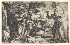 Lot and his daughters: a daughter at center rests her right arm on Lot