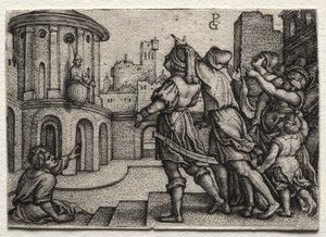Virgil hanging in a Basket by Georg Pencz