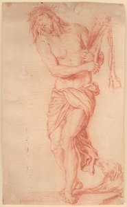Ecce Homo. Standing, Suffering Christ with Rod and Knotted Whip and Crown of Thorns on His Head
