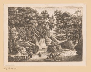 Waterfall in Forest with Two Fishermen in Foreground by Georg Wolfgang Knorr (possibly)