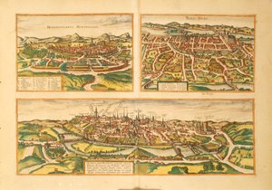 Map of Montpellier, Tours and Poitiers from Civitates Orbis Terrarum by Georg Braun