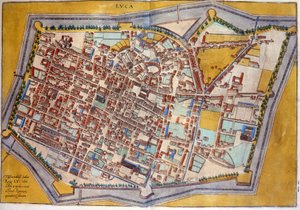 Plan of Lucca in 1585. Atlas by Braun & Hogenberg by Georg Braun and Hogenberg Franz