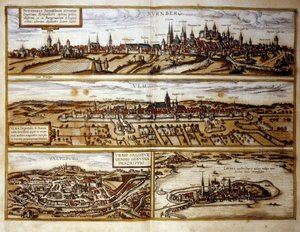 View of the German Cities of Nuremberg and Ulm, Salzburg, Austria. Engraving from the Atlas of 