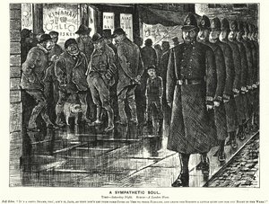 Punch cartoon: A Sympathetic Soul - policing the London slums by George (after) Du Maurier